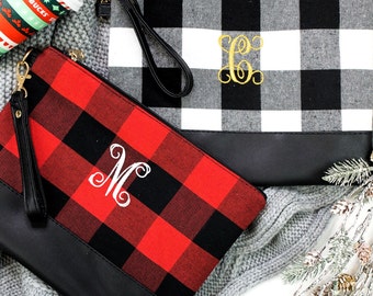 Bolso de mano con monograma a cuadros Buffalo y correa para la muñeca, regalo bordado personalizado.