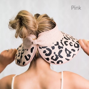 FREE SHIPPING Leopard Bow Sun Visor Beach Lake Garden Rollable Foldable for Travel Straw Hat Pink