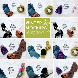 WINTER Mock Up Shirt Flat Lays • Pakiet 10 obrazów JPEG • Koszulki z płótna Bella • Natychmiastowe pobieranie cyfrowe • Wystarczy dodać swój projekt • Sprzedaż •
