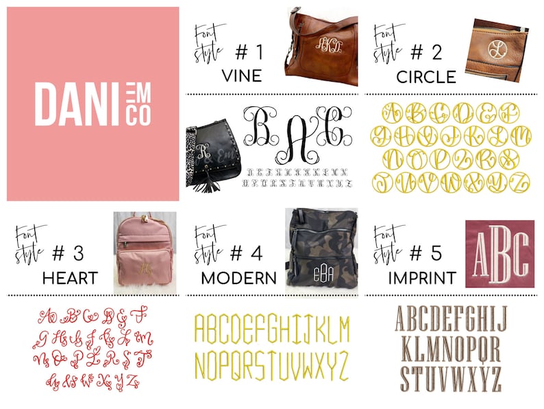 Puede incluir: Un collage de im&aacute;genes que muestran cinco estilos de fuente diferentes para monogramas. Cada estilo se muestra en una bolsa diferente, con el nombre y el n&uacute;mero de la fuente que se muestra debajo. El alfabeto se muestra en cada estilo, con las letras en oro o marr&oacute;n.