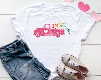 Valentine's Pink Truck with Rainbow Hearts • Digital Design (PNG, Vector)