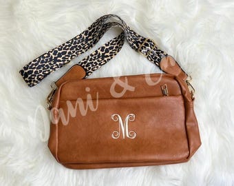 Bolso bandolera minimalista BRECKLYNN de piel vegana, correa de leopardo, bolso de mano de moda, monograma personalizado, monedero