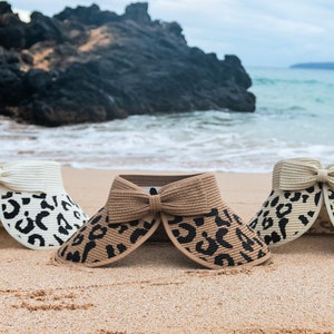 FREE SHIPPING Leopard Bow Sun Visor Beach Lake Garden Rollable Foldable for Travel Straw Hat image 4