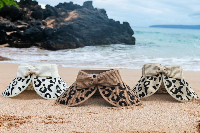 FREE SHIPPING Leopard Bow Sun Visor Beach Lake Garden Rollable Foldable for Travel Straw Hat image 4