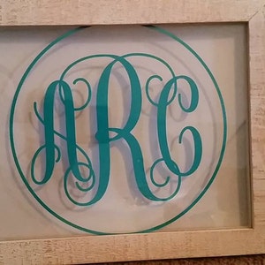 May include: A white wooden frame with a clear glass insert. The glass insert features a teal monogram of the letters "ARC" in a circle.
