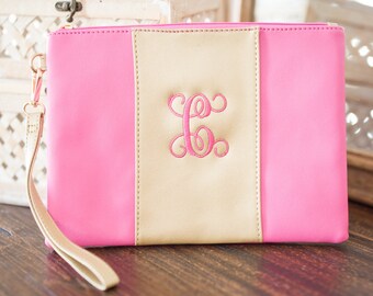 Gold Center Color Clutch | Wristlet Pouch | Personalized Bag | Embroidered Monogram Tote | Mother's Day Gift| Wedding Gift | Bridesmaids