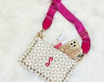 BRIGHTON Cream Pinwheel Stud Pink Strap Crossbody Trendy Handbag Minimalist Bag Personalized Bag Monogram Embroidery Luxury Bag Handbag