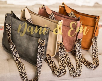 Callisa Vegan Leather Crossbody Bags, Leopard Strap, Minimalist Trendy Boutique Handbags, Zipper Closure, Luxury Personalized Monogram Gifts