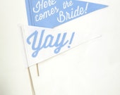 Here Comes the Bride Yay Ringer Bearer Pennant Flags - Blue & White for Ceremony Attendant, Photo Booth prop