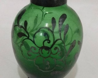 Miniature Victorian Silver Inlay on Green Glass Vase