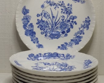 8 Wedgewood Groups Blue Pattern Footed Cream Soup Bowl Saucers