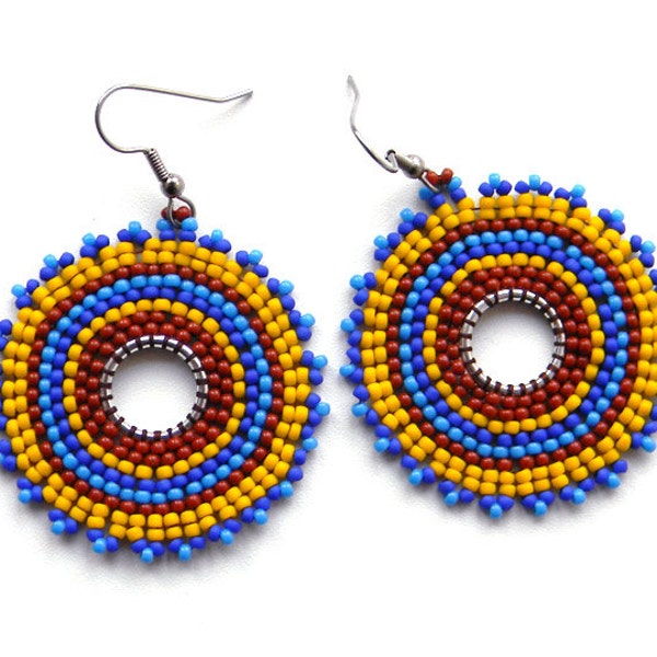 Yellow, Blue and Brown  Hoop Seed Bead Earrings - Circular earrings, summer jewelry, bohemian style, ethnic