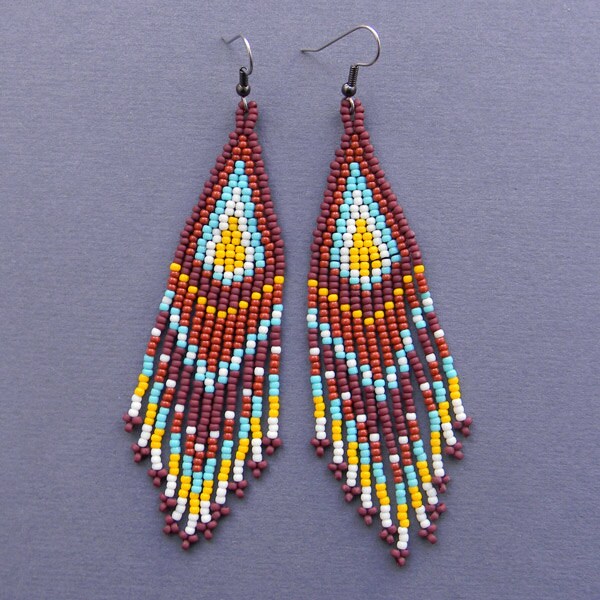 Brown, Turquoise, Yellow and cream Native American Style Long Seed Bead Earrings - beaded earrings, tribal jewelry