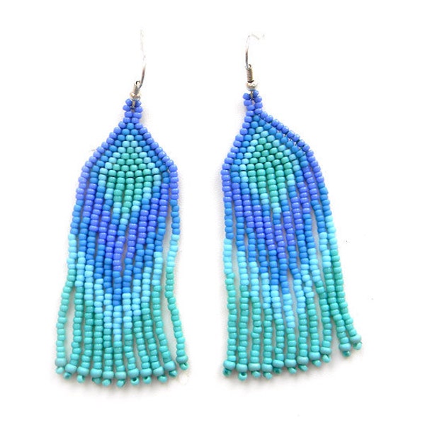 Blue and Turquoise Native American Style Long Seed Bead Earrings - beaded earrings, tribal jewelry, boho