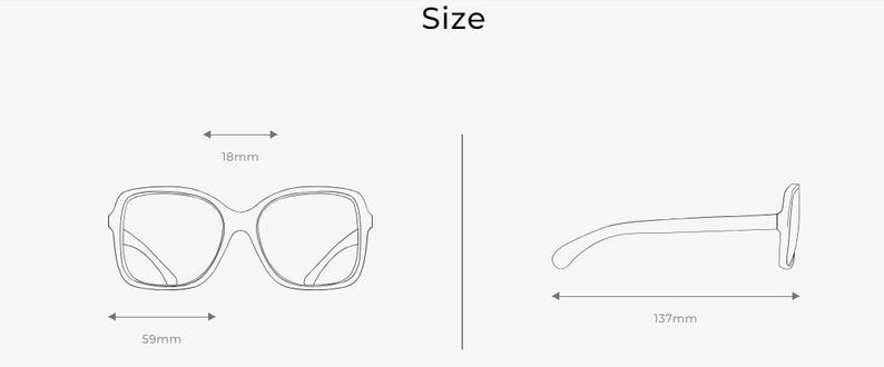 May include: Line drawing of sunglasses with measurements. The glasses are 59mm wide, 18mm at the bridge, and 137mm long. The word "Size" is at the top of the image.