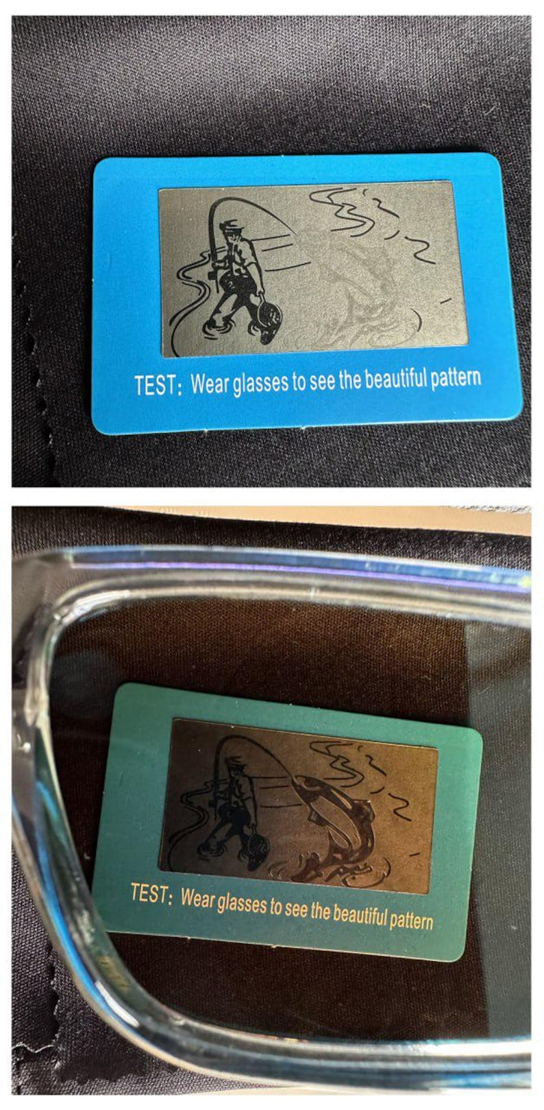 K&ouml;nnte beinhalten: Eine blaue rechteckige Karte mit einem silbernen Bild eines Fischers und eines Fisches. Der Text "TEST: Wear glasses to see the beautiful pattern" ist auf die Karte gedruckt. Die Karte liegt auf einer dunklen Oberfl&auml;che.