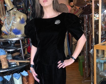 Vintage Black Velvet 2 Piece Formal Dress With Rhinestones on Sleeves