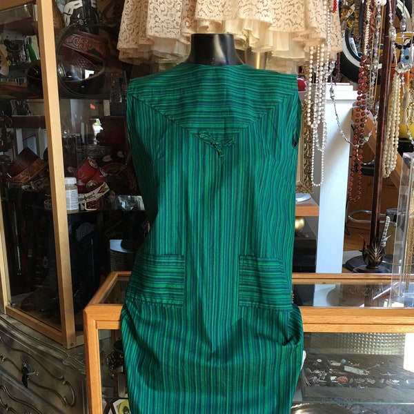 Retro 60’s Style Sleeveless Blue and Green Striped Dress Summer Shift