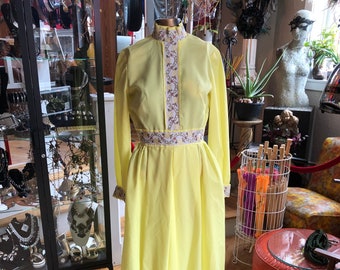Vintage Hand Crafted Bridesmaid Dress, Long Bright Yellow Dress with Floral Embroidered Bands, Women’s Small