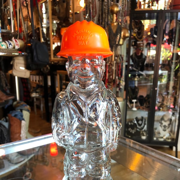 Vintage Men’s Cologne Bottle, Mennen Skin Bracer Glass Workmen’s Bottle with Orange Hard Hat Top