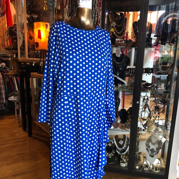Vintage 80’s Blue and White Polka Dot Dress, Poly Dress, Stretchy, Large