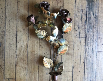 60’s Mid Century Roses and Butterflies Brass and Copper Candle Wall Hanging