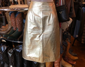 Vintage Gold Metallic Skirt size S-M Pencil Skirt with Leather detail Vintage Italian Designer Golden Skirt Party Glam Gold Skirt