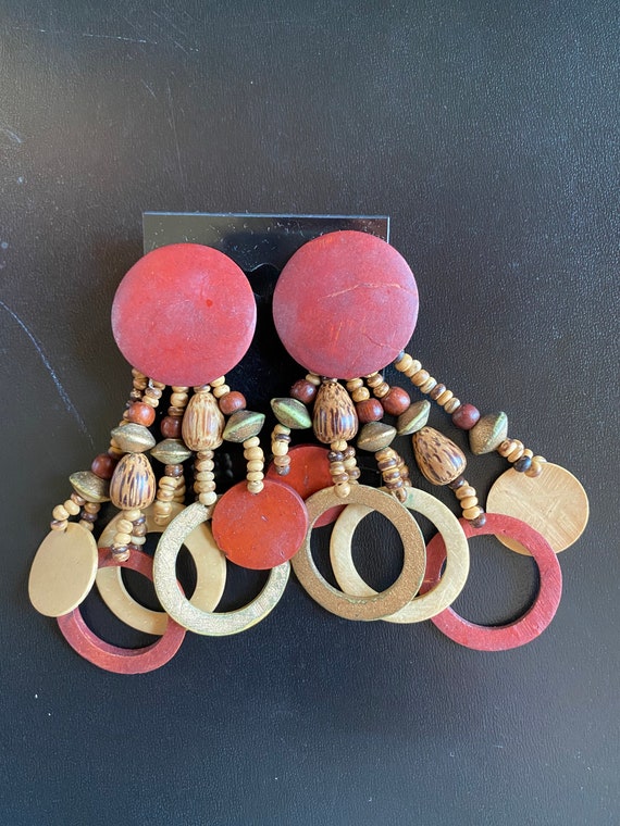 80’s Boho Hippie Wood and Beaded Earrings