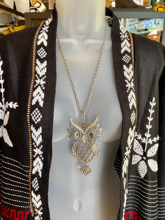 80’s Boho Silver Metal Owl Necklace 33” Length