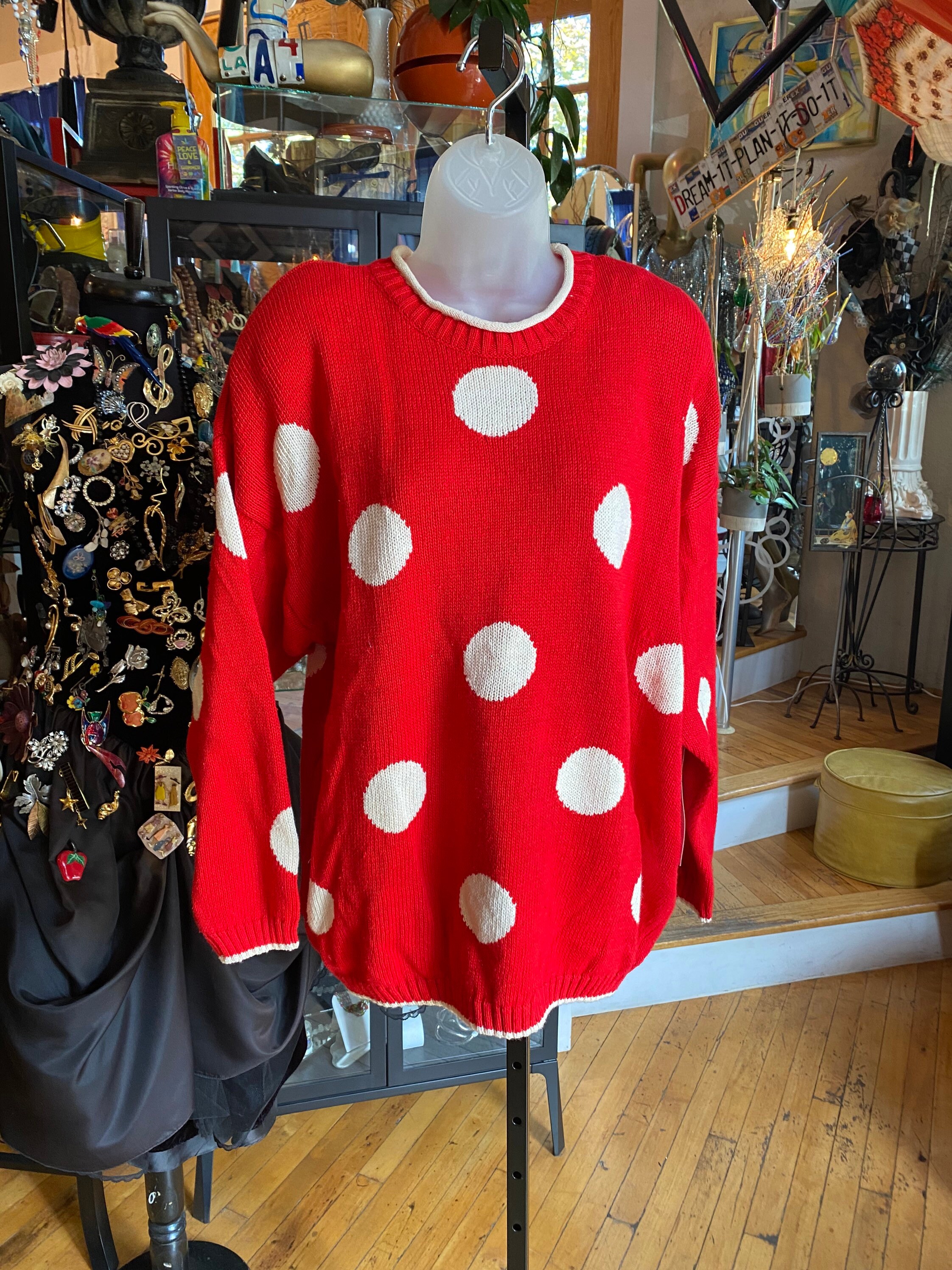 VintagebyIC 90's Retro Red and White Polka Dot Sweater