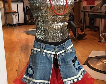 Repurposed Elvish fairy style Handmade with Denim and Tulle Festival Mini skirt Gypsy hippie clothing