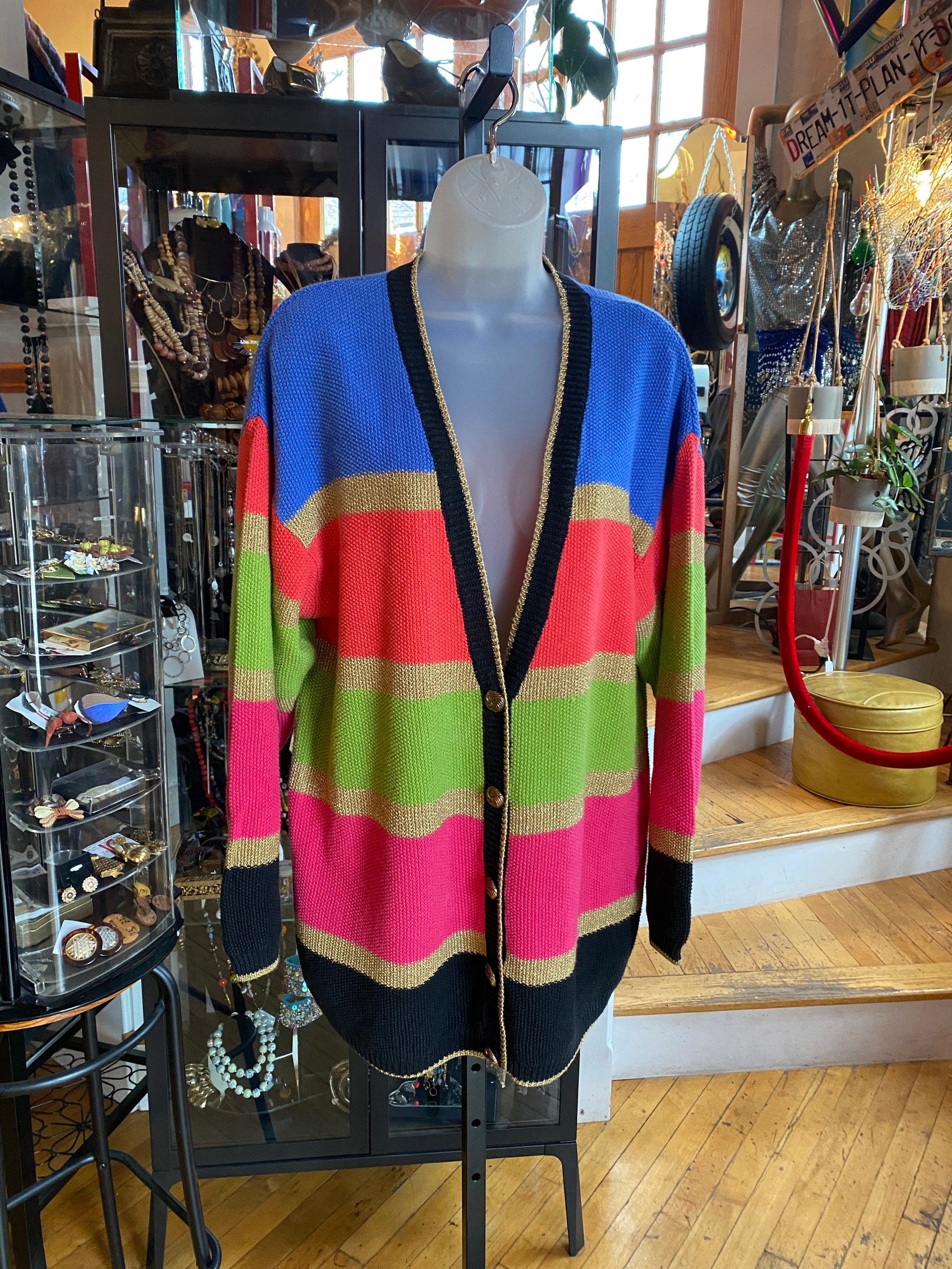 90's Vintage Multi Color Cardigan With Gold Metallic Stripes