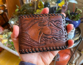 Authentic Vintage Western Brown Hand Tooled Leather Wallet of Horse, Pinecone, Black Whip Stitched