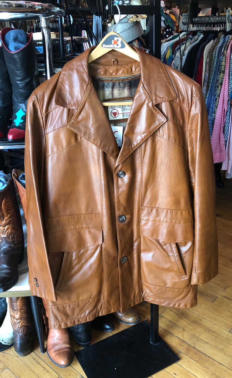 Retro Men S Caramel Colored Leather Car Coat All Weather Sears Jacket Size 42