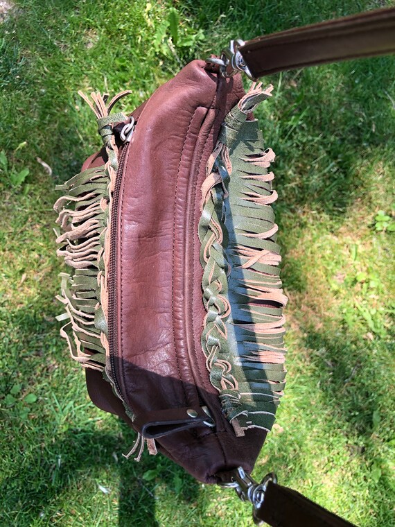 Repurposed Brown Leather Bag with Green Tan Suede… - image 5