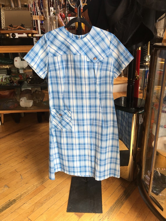 Vintage 50s Short Sleeve Blue and White Plaid Dress Day Dress Etsy Canada