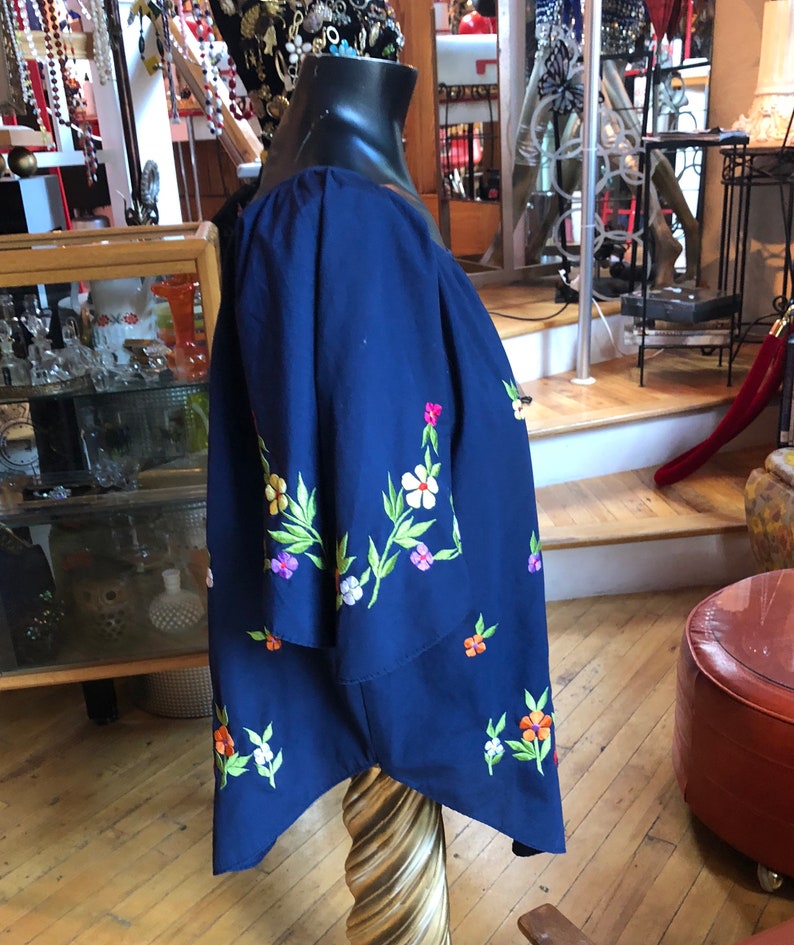 Vintage Women\u2019s Navy Blue Cotton Blouse with colorful embroidered flowers