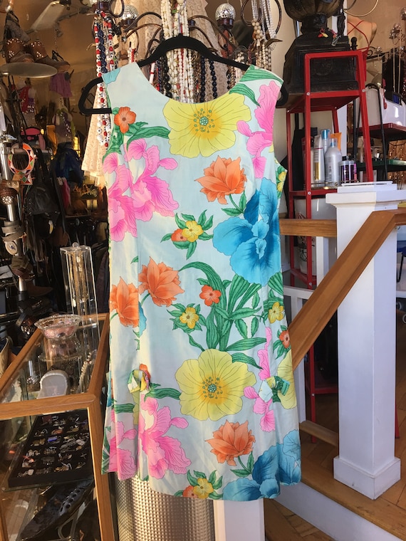 Vintage Summer Polynesian Dress Floral Sleeveless 