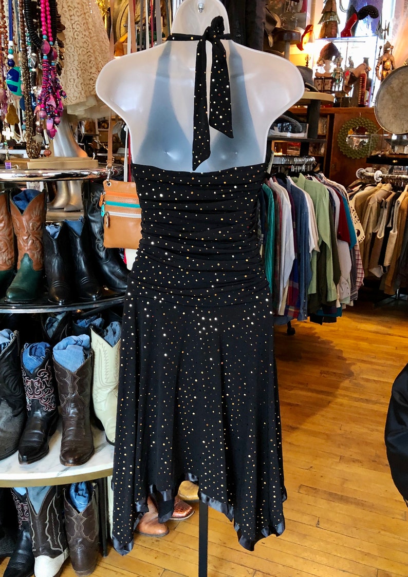 Women\u2019s Medium 90\u2019s Black Spandex Blend Halter Dress with Gold Metallic Polka Dots