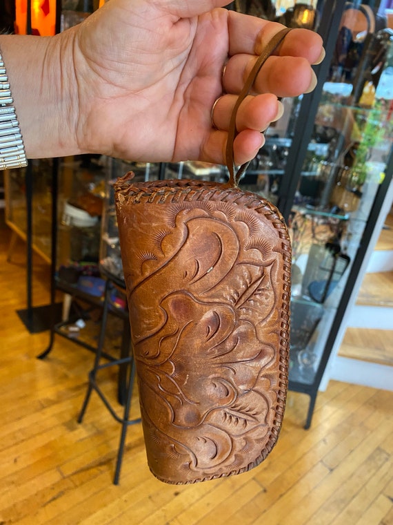 70’s Boho Hand Tooled Brown Leather Clutch