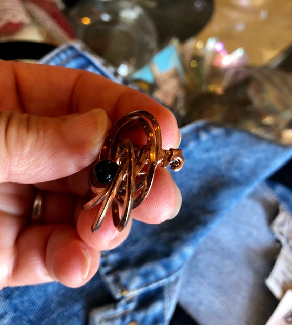 Vintage Copper Pin Brooch with Black Glass Bead - image 5