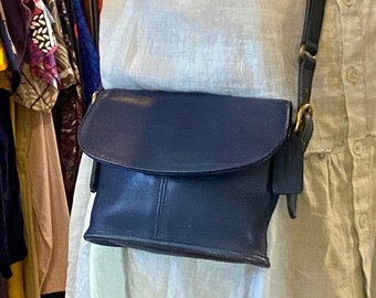 navy blue leather coach purse