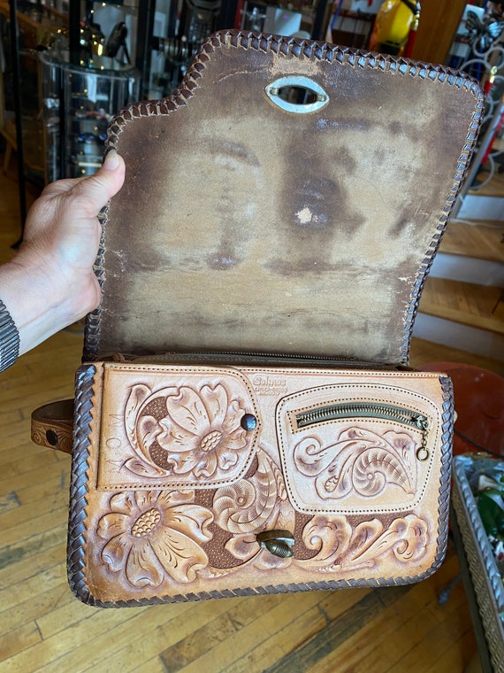 70’s Vintage Hand Tooled Brown Leather Bag - image 7