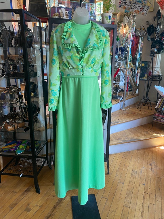 2 Piece 70’s Vintage Lime Green Poly Dress and Cr… - image 1