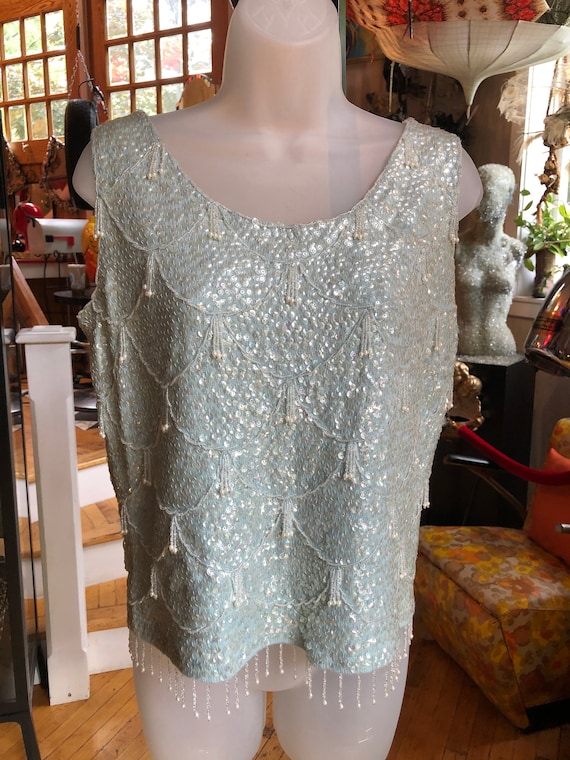 50’s Vintage Light Blue Knit Sweater with Sequins,