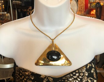 Mid Century Modern Brass and Black Stone Choker Necklace