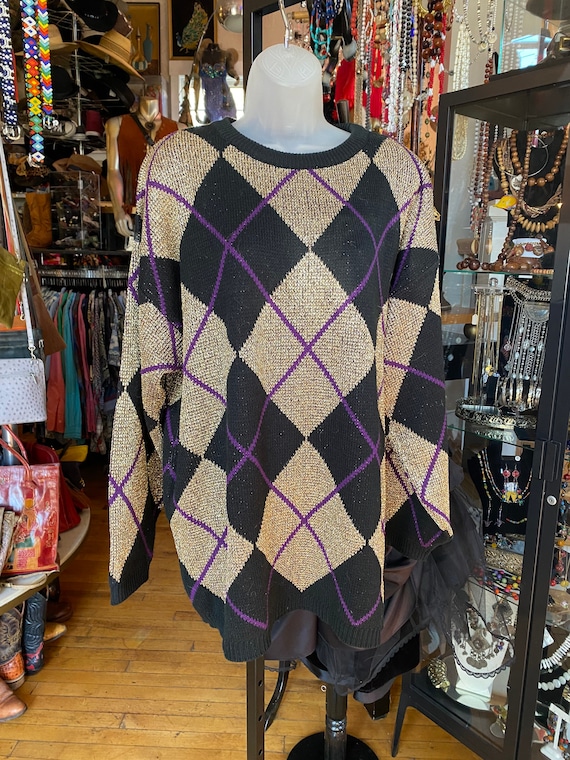 90's Retro Pullover Argyle Sweater Womens Large - Gem