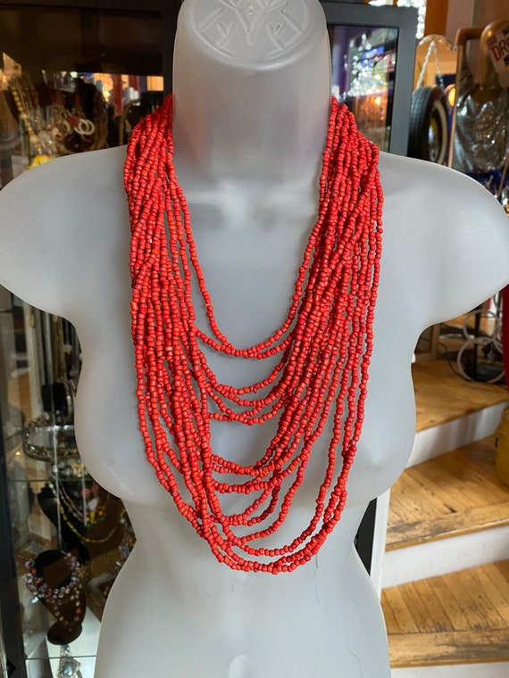 80’s Boho Red Beaded Multi Strand Necklace