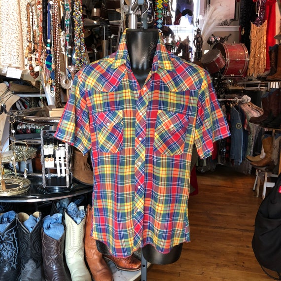Authentic 70’s Western Plaid Shirt Medium - image 1