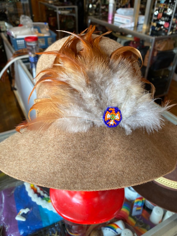 70’s Boho Southwest Feather and Beaded  Hat Band - image 1